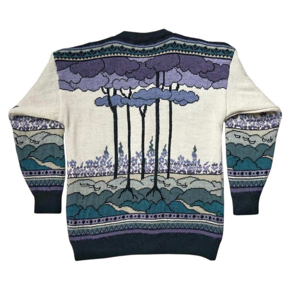 90s Vintage wool forest cardigan sweater Past Times UK trees nature pattern. - Picture 2 of 7
